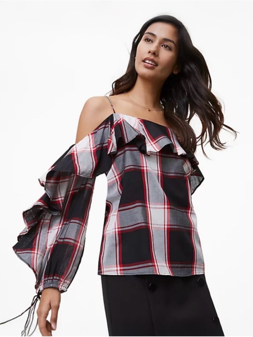 LOFT Cold-Shoulder Plaid Ruffle Top - Picture 2 of 7